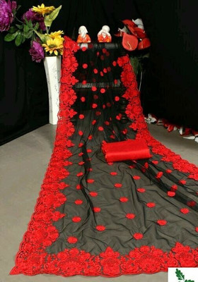 NIYANTAKSH Embroidered Bollywood Net Saree(Red, Black)