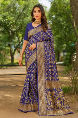 VKARAN Woven Banarasi Pure Silk Saree(Blue)