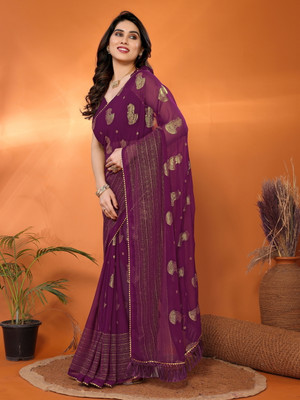 Divastri Striped, Embellished Bollywood Georgette, Silk Blend Saree(Purple)