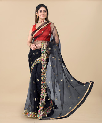 Barkiya Creation Embroidered Bollywood Net Saree(Black)