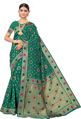 manvaa Woven Banarasi Silk Blend Saree(Green)