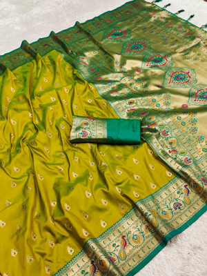 PANZORA Woven Paithani Cotton Silk Saree(Light Green)