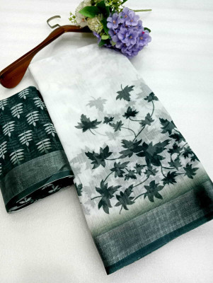 DEVICE of NT Printed, Woven Kanjivaram Pure Cotton, Cotton Linen Saree(White)