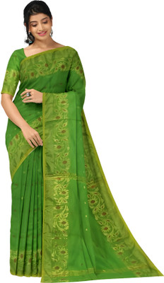 dassareeghar Printed Handloom Cotton Silk Saree(Green)