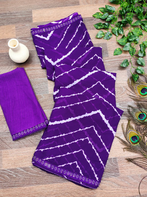 Anand Sarees Embellished, Striped, Printed Leheria Georgette Saree(Purple)