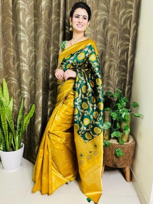 PRANJAL ART Printed, Self Design, Color Block, Digital Print, Embellished, Graphic Print, Floral Print Bollywood Jacquard, Art Silk Saree(Yellow, Green)