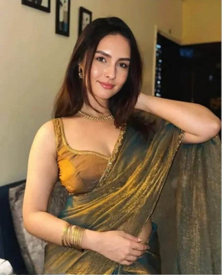 JENYA STORE Solid/Plain Saree with Attached Blouse Chiffon Saree(Gold)