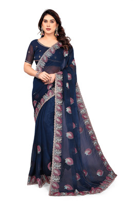 Radheradhey Embroidered Bollywood Silk Blend Saree(Dark Blue)
