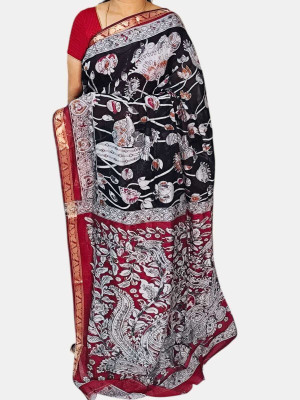 menitha Printed Kalamkari Cotton Silk Saree(Black)