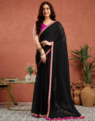 SIRIL Embellished, Solid/Plain Bollywood Georgette Saree(Black)