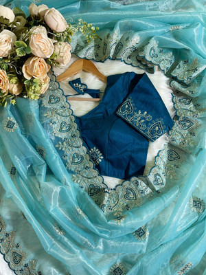 GOLDOLL FAB Embroidered Bollywood Net Saree(Light Blue)