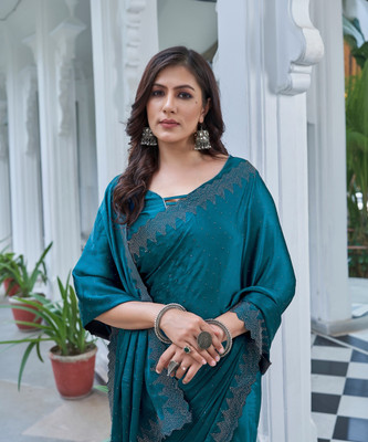 Samah Embroidered, Embellished Bollywood Satin Saree(Blue)
