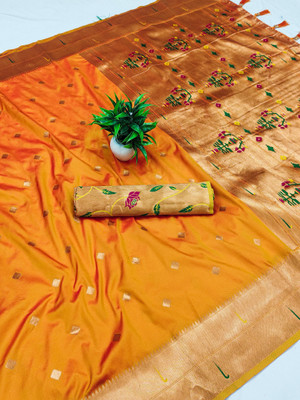 PANZORA Woven Paithani Cotton Silk Saree(Orange)