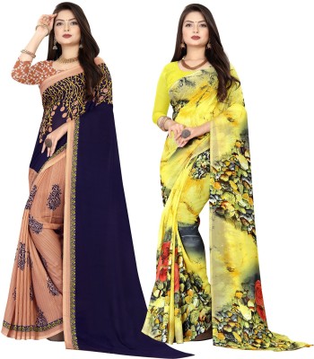 kashvi sarees Printed Daily Wear Georgette Saree(Pack of 2, Blue, Beige, Yellow)