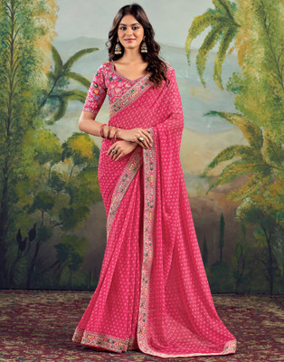 Samah Embellished, Embroidered, Printed Bandhani Georgette, Lace Saree(Pink)