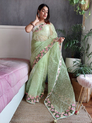 ANOUK Embroidered Saree with Attached Blouse Organza Saree(Green)