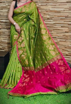 GANESH PLASTIC Floral Print, Woven, Self Design Handloom Cotton Silk, Cotton Linen Saree(Light Green)