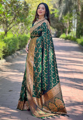all about you Woven Banarasi Silk Blend Saree(Green)