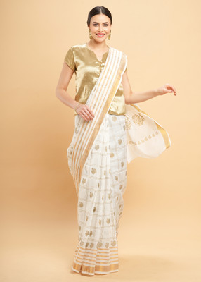 Manvish Drapes Printed Kasavu Pure Cotton Saree(White)