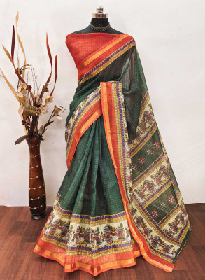 Saaransh Floral Print Kanjivaram Linen, Cotton Silk Saree(Green)