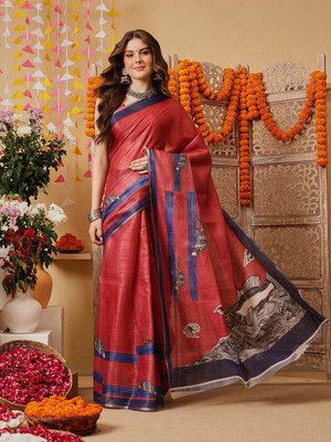 SILK ZONE Printed Bollywood Cotton Blend Saree(Red)