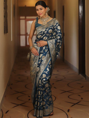 Rudr Ventures Embroidered Banarasi Silk Blend Saree(Dark Blue)