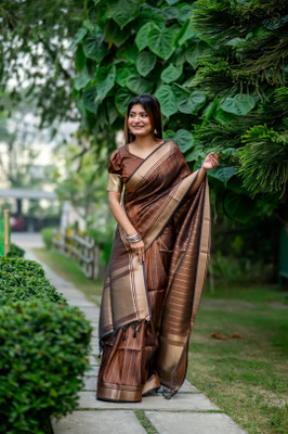 Gulshan Striped Banarasi Raw Silk Saree(Brown)