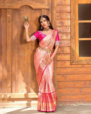 Aquiliq Self Design Banarasi Silk Blend Saree(White)