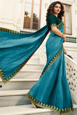 SHREE SHAKTI FASHION Solid/Plain, Temple Border Bollywood Georgette, Pure Silk Saree(Light Blue)