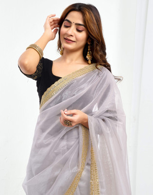 Satrani Embellished, Embroidered Bollywood Jimmy choo, Net Saree(Grey)