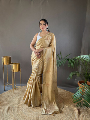 SGF11 Embroidered Handloom Silk Blend Saree(Beige)