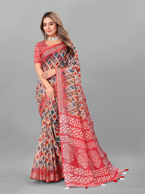 ANOUK Printed Daily Wear Linen Saree(Red)