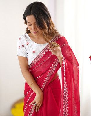 Satrani Embellished, Embroidered Bollywood Jimmy choo, Tissue Saree(Red)