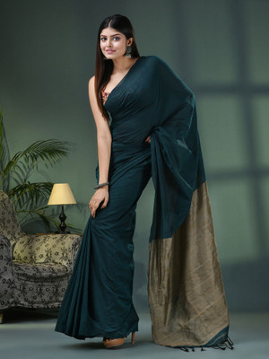 ONLINE HANDLOOM BAZAR Solid/Plain Handloom Cotton Blend Saree(Dark Green)