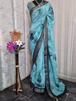 Tasrika Printed Bollywood Linen Saree(Light Blue)
