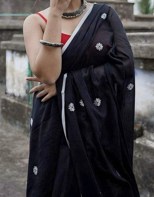 HouseOfCommon Self Design Handloom Cotton Blend Saree(Black)