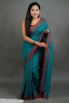AGAMONI Self Design Handloom Pure Cotton Saree(Dark Green)