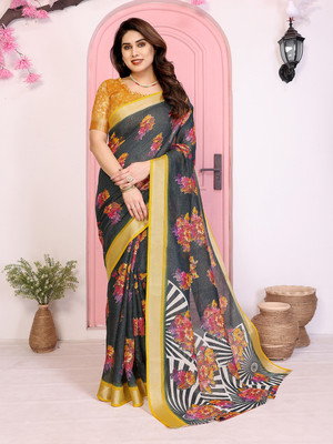 Moda Rapido Floral Print Bollywood Cotton Blend Saree(Grey)