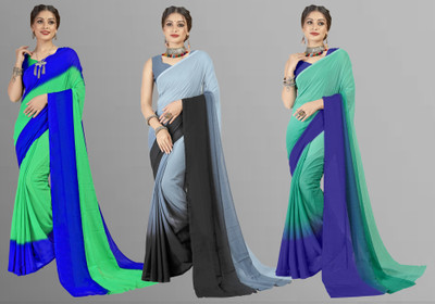 Anand Sarees Ombre, Striped Bollywood Georgette Saree(Pack of 3, Multicolor)