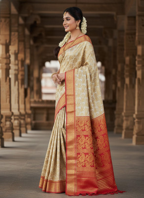 Afronza Self Design, Woven Garad Pure Silk, Art Silk Saree(White, Red)