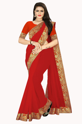 AMBALIKA Solid/Plain Chanderi Cotton Blend Saree(Red)