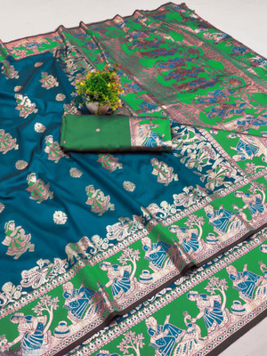 Ratnavali Woven Baluchari Silk Blend, Art Silk Saree(Blue)