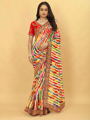 LAKHADATARI PRINTS Printed, Embellished, Blocked Printed Bandhani Georgette, Chiffon Saree(Multicolor)