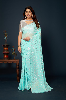 HouseOfCommon Self Design Daily Wear Lycra Blend Saree(Light Blue)