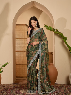 Vichitra Floral Print Bollywood Chiffon Saree(Green)