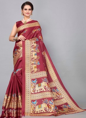 Spacekart Printed Mysore Cotton Silk Saree(Maroon)