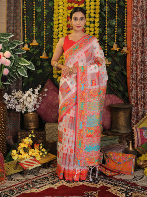 PANZORA Woven Patola Cotton Linen Saree(White)