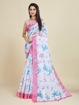 SHANVIKA Floral Print Daily Wear Cotton Linen Saree(White)