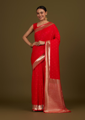 Monjolika Fashion Woven, Embellished Banarasi Silk Blend Saree(Red)