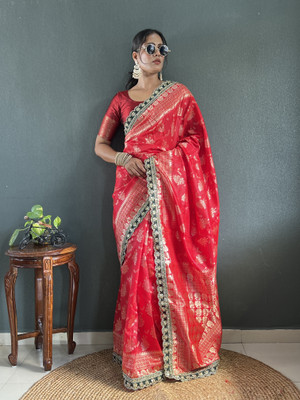 Varda Woven, Self Design, Embroidered Banarasi Art Silk Saree(Red)
